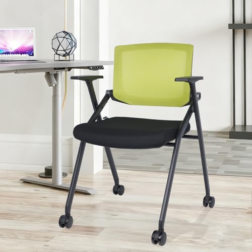 Image of Upgraded Folding Chair with Wheels and Padded, Ergonomic Mesh Back and Arms for Office, Meetings, Conferences, Receptions, Training Rooms & Folding Office Chairs