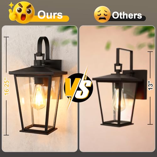 Image of Kalium Outdoor Wall Lights Fixtures Lantern Frame 16 1 /8 inch, Outside Lights Black Transitional Durable Metal, Clear Glass for Post Exterior Barn Deck House Porch Yard Patio Garage Garden