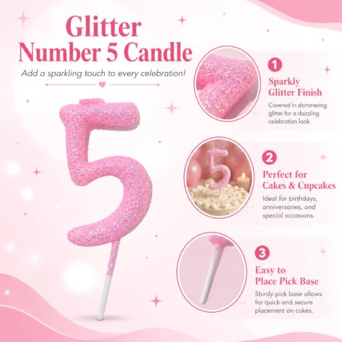 Image of Wanna Party Glitter Designer Pink Number 5 Birthday Candle, Numerical Cake Candle for 5th Birthday, Cake Cutting, Party Decoration & Celebration Supplies - 1PC
