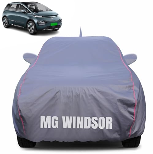 Image of 100% Waterproof Car Body Cover for MG Windsor (2024-2025) with Mirror Pocket (Heat & UV Resistant, Triple Stitched, Soft Lining, Bottom Elastic & Piping) Grey