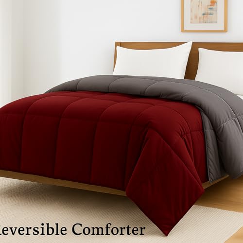 Image of Bed Comforter - Single Size - Elegant Dark Grey & Burgundy - 300 GSM Quilt Blanket Rajai - Winter Warm Down Alternative Duvet Insert with Corner Ties