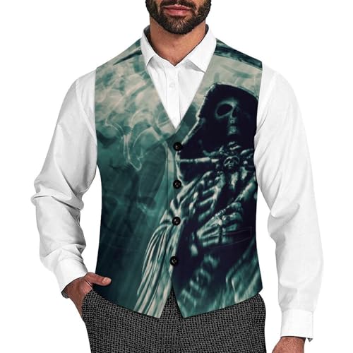 Grim Reaper Men's Suit Vest Slim Fit V-Ncek Waistcoat Business Casual Vest