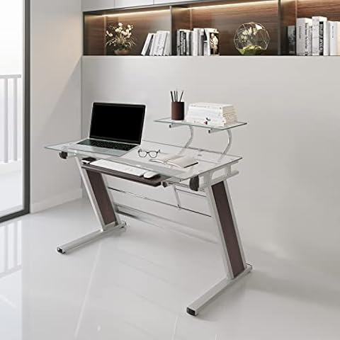 Techni Mobili Home Office Workstation with Sturdy Chrome Base, Glass Computer Desk Cover