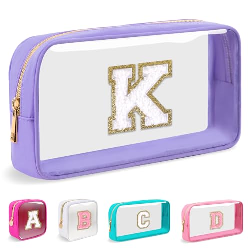 Small Clear Personalized Initial Makeup Bag,Nylon Preppy A-Z Chenille Letter Patch Cosmetic Pouch Beach Toiletry Bag,Waterproof Zip Travel Purse Storage Bag Organizer for Women Girls(Purple-White K)