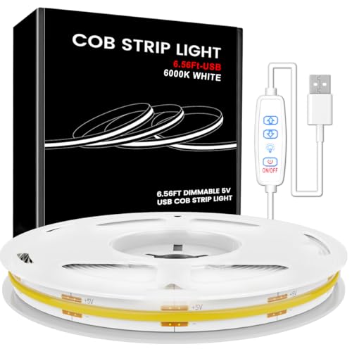 Image of L8star COB Led Strip Light 6.56Ft /2M, 5V USB Powered, 6000K White COB Light Strip with Dimmer Switch Control for for Counter, Bedroom, TV, Kitchen Cabinet, Shelves