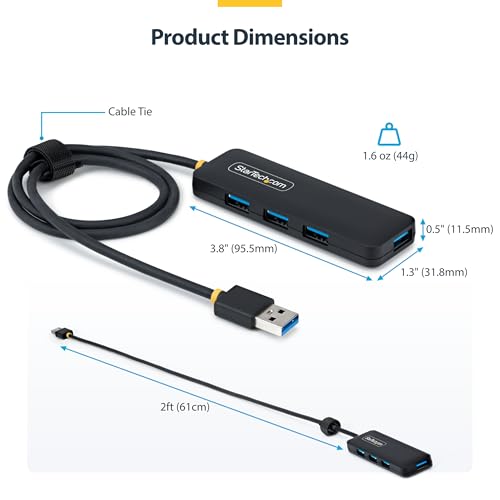 StarTech USB-A 4-Port Hub, SuperSpeed 5Gbps, 4 × USB-A Adapter, Bus-Powered Portable Hub with Extra Long 2 ft Cable, Plug-and-Play for MacBook, Dell, Chromebook, PC & Peripheral Devices - Thumbnail 6