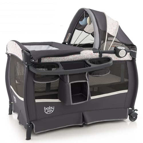 Image of BABY JOY 4 in 1 Pack and Play, Portable Baby Playard with Bassinet & Flip-Away Changing Table, Canopy, Portable Bedside Crib with Storage Basket, Infant Bassinet from Newborn to Toddlers (Floral)