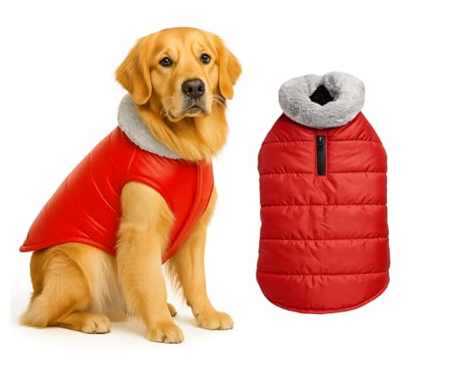 Image of The Pets Company Dog Winter Coat Jacket, Clothes, Windproof, Waterproof, Light Weight, Washable, Ultra Warm Thick Fleece Lined Dog Vest for Cold Weather Protection, (Red, Large - 26 Inch)