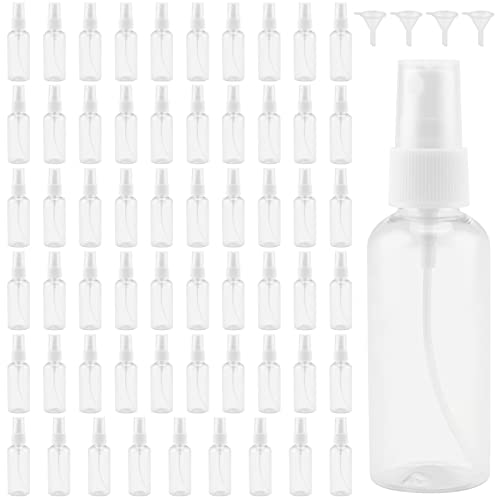 MANCHAP 60 Pack 2oz Plastic Travel Spray Bottles with Caps, Clear Mini Fine Mist Spray Bottles with 4 Funnels, Travel Size Spray Bottles Refillable Containers for Essence, Hair Spray, Toner