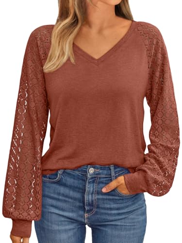 AUTOMET Womens Long Sleeve Shirts V-Neck Lace Tops Business Casua...