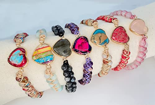 The Mujen Handmade Bracelets| Heart Charm Beads Bracelets | Healing Natural Stone Energy Gemstone Boho Braided Strand (Red Brown Jasper) 10 Inches #TOP5