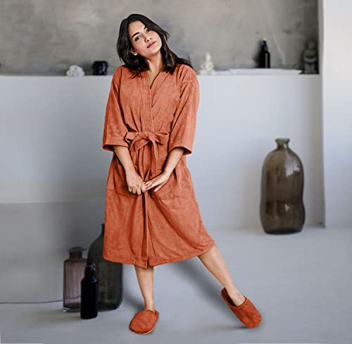 Image of Sassoon Venir Microfiber Bathrobe With Slippers for Men & Women, Unisex Luxury Bathrobe Towel, Spa Robe Combed (Pack of 1) - Rust Color