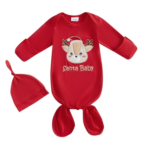 Image of Newborn Girl Boy Christmas Coming Home Outfit Baby Infant Sleeper Gown Nightgown Outfits Cute Fall Winter Pajamas (Y Santa Baby Moose Red, Newborn)