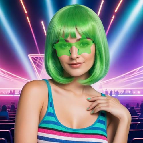 Image of ANOGOL Green Bob Wig with Bangs Green Wigs for Women Colored Wigs Party | Hair Cap+ Sunglasses Short Neon Wig for Bachelorette Party Funny Outfit for Women Halloween Christmas Costume St Patrick Day