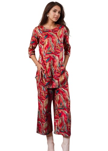 Image of SHIENZY Women Rayon Co Ord Set | Stylish Printed Kurta Top with Wide Leg Pants | Casual Summer Top with Palazzo Pants | Casual Lounge Wear Outfit | Comfortable Travel Outfit | Trendy Set