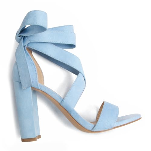 Image of Strappy Heels for Women Chunky Heels High Heeled Sandals with Lace Up Fahsion Casual Nude Block Heel Sandals