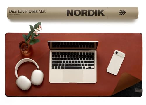 Nordik Felt and Leather Desk Mat - Emberwood Brown - 35x17 Inch Felt and Vegan Leather Desk Blotter with Document Hideaway - Large Computer Mats for Desktop - Ideal Keyboard Mat for Office and Home