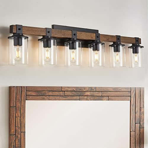 DADUL 6-Light Bathroom Vanity Light, Farmhouse Bathroom Light Fixtures Over Mirror, Classic Wood Vanity with Clear Glass Shade, Black Wall Sconce for Bathroom, Bedroom