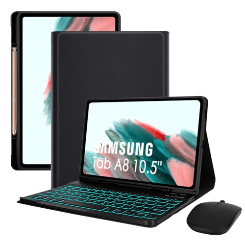 LAMA 7 Colors Backlit Keyboard Case with Mouse for Samsung Galaxy Tab A8 10.5 Inch, Wireless Keyboard Case with S Pen Holder for Galaxy Tab A8 10.5' 2021 (SM-X200/X205/X207), BK