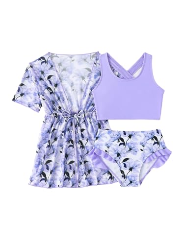 Little Big Girls Tropical Print 3 Piece Swim Set Kimono Cover Up with Padded Bikini Top