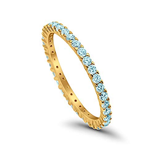 2mm Full Eternity Band Ring Round Simulated Blue Aquamarine CZ Yellow Tone Plated 925 Sterling Silver, Size-4
