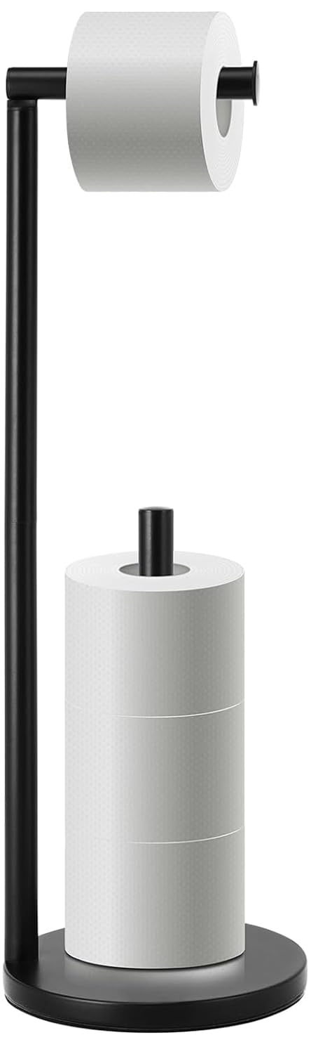 Free Standing Bathroom Toilet Paper Holder Stand with Storage,Brushed Stainless Steel Toilet Tissue Roll Holder Dispenser for 4 Paper Rolls,Rustproof Floor Standing Toilet Roll Dispenser (Black)