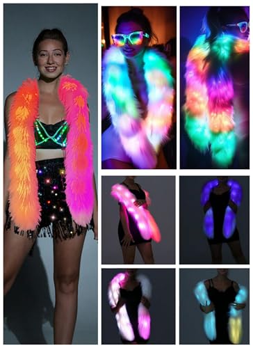 Women Glow Fur Scarves, Winter Wraps, Faux Fur Tail Shawl,with Smart LED Light Up Long Scarves 100color Christmas Rave Party3