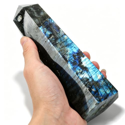 Blue Flashy Labradorite Rock Tower Obelisk Healing Crystal Stone Point Wand