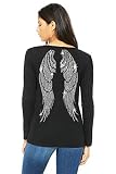 Angel Wings Rhinestone Bling Womens V Neck Long Sleeve Tee Shirt (1X) Black