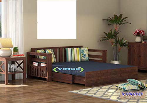 Image of Solid Sheesham Wood Sofa Cums Bed Wooden Bed Cum Sofa With Storage | Wood Sofa Set For Without Pillow With Cushions Home And Office Furniture Living Room| Walnut Finish, 3 Seater