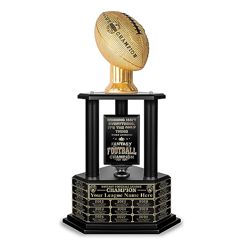 TrophySmack Fantasy Football Trophy - 19-Year Perpetual – 26” Customizable Championship Award with Free Engravings (Gold Football | Black Metal Columns)