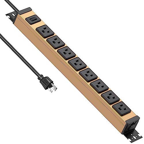 JUNNUJ Heavy Duty Power Strip Wall Mount, 15 Amp Surge Protector 1200J Metal 8 Outlet Under Desk Mounted 15A, Garage Power Bar Table Socket Industrial Outlets, 6FT 14AWG Extension Cord - Gold