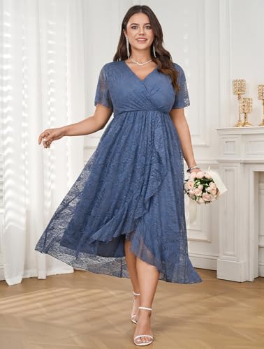 Image of SCOMCHIC Womens Plus Size Wedding Guest Dress Formal Lace Wrap V Neck High Low Short Sleeve Cocktail Maxi Dresses XL-4XL