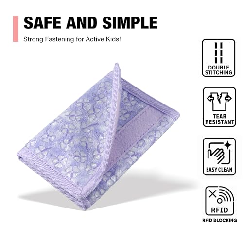 Image of Kids Wallets for Girls, Little Girls Wallet for Kids, Wallet for Teen Girls, Toddler Wallet for Girls with Magic Sticker, RFID Nylon Wallet /Canvas Wallet with Coin Pocket for Gifts, Purple Leaf