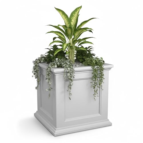 Mayne Fairview Self Watering Planter Box - 20 Inch Large Square Classic Inset Panels New England Architecture Double Wall UV & Weather Resistant for Indoor and Outdoor Use White