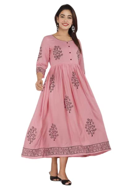 Image of TARANJAL Women's Rayon Anarkali Hand Block Printed Kurti