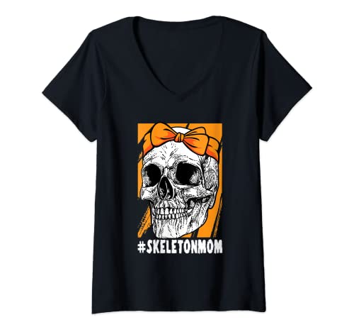 Mujer Mamá Esqueleto Perezoso Halloween Disfraz Cool Mamá Madre Camiseta Cuello V