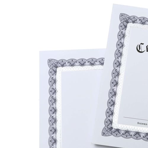 Gartner Studios Certificate Paper, White with Blue and Silver Ornate Foil Border, 80lb 8.5” x 11”, 15 Count