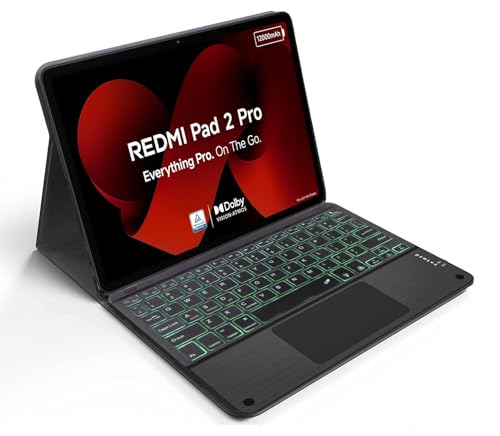 Image of HOM Tri-Fold 7-Colour Backlight Detachable Wireless Bluetooth Keyboard with Trackpad /Touchpad Tablet Cover Case for Xiaomi Redmi Pad 2 Pro 12.1 inch Tablet - Black