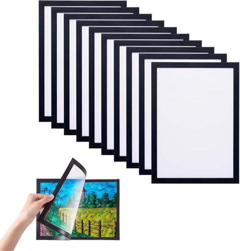 SKY-TOUCH 10 PCS Magnetic Picture Frame A4 Self-Adhesive Clear Protective Display Frame for Certificates Photos Posters No Nails Wall-Friendly Glossy Finish Black Horizontal/Vertical