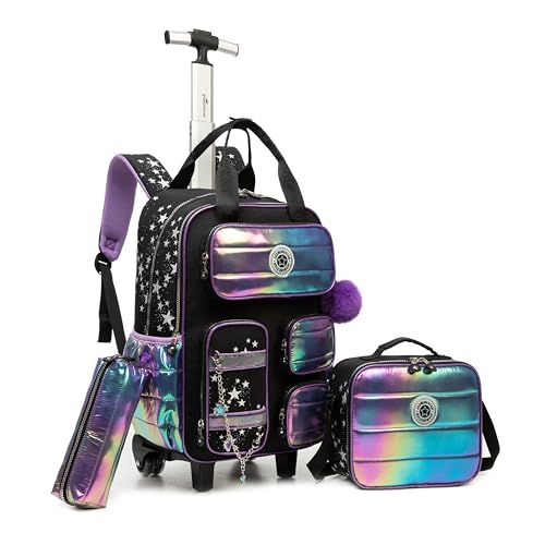 Meetbelify Rolling Backpack with Wheels for Girls School Rolling Backpack with Lunch Bag and Pencil Case Set Kids Travel Luggage for Elementary Girls Ages 5-12