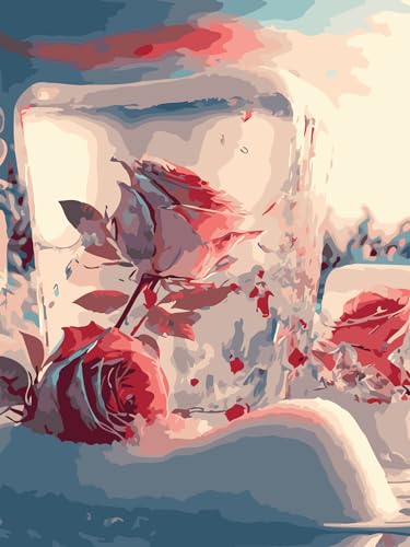 Kit peinture par numéros adulte avec cadre bois toile rose rouge 40x50