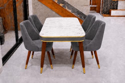 Image of WOODEN SPACE 4 Seater Wooden Dining Table Set | Urban Marble Top Dining Table with Chairs for Dining Room & Kitchen (Modern Frontline Dark Grey) (54 x 36 x 30 inch)