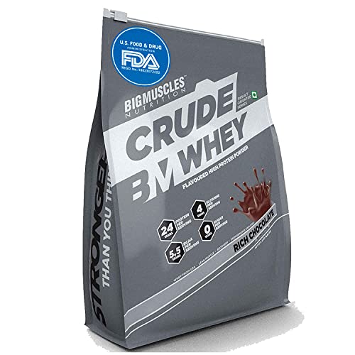 Bigmuscles Nutrition Crude Whey - 2 kg (Rich Chocolate) | US FDA REGD. BRAND | Whey Protein Concentrate 80%, 24g Protein, 5.5g BCAA, 4 g Glutamine