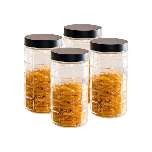 Image of Nestasia Glass Jars for Kitchen Storage Set of 4 (1.9L Each) - Square Textured Food-Safe Transparent Jars with Airtight Lid | Perfect for Kitchen Pantry, Pickles, Pulses, Dry Fruits & Snacks Storage