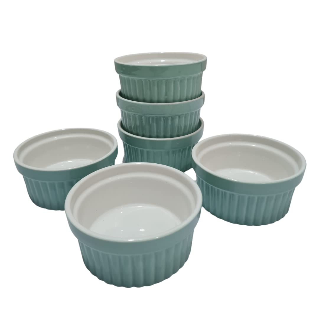 Bamby | Ceramic Ramekin Bowls Set of 6 - 200ml, White & Blue - Oven, Microwave & Dishwasher Safe - Ideal for Baking, Soufflé, Crème Brûlée, Dips, and Desserts (White & Blue) 1