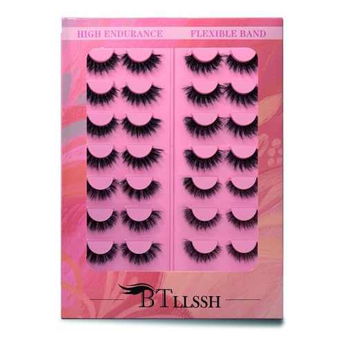 BTLLSSH Natural Lashes Vivid Effect Short Eyelashes Mix Long Wispy False Mink Lash Pack 16 Pair Fluffy Cat Eye Strip Eyelash Weightless & Reusable Easy to Apply Fake Lashes for Beginners Daily Makeup