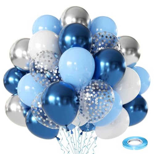 Zesliwy Blue White Silver Balloons Set 50Pcs 12 Inch Metallic Dark Blue Sliver Balloon Royal Light Blue white with Silver Confetti Balloons for Birthday Graduation Wedding Retirement Party Decoration