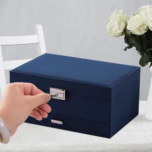 Image of KRISHYAM 3-Layer Velvet Jewelry Storage Box with Lock - Multi-Compartment Organizer Case for Rings, Earrings, Bracelets, Necklaces & Watches (Blue)