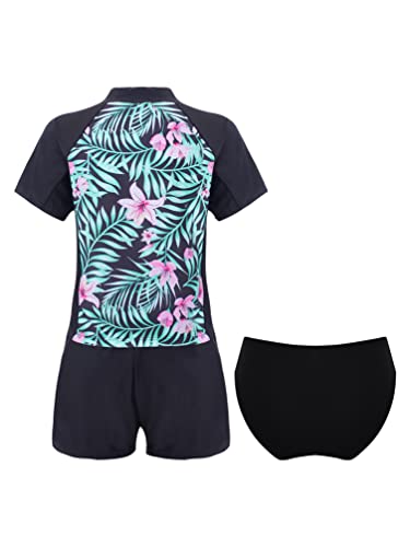 Teens Girls Flower Frinted Short Sleeve Top with Briefs Shorts Rash Guard 3 Pcs Swimwear Set4